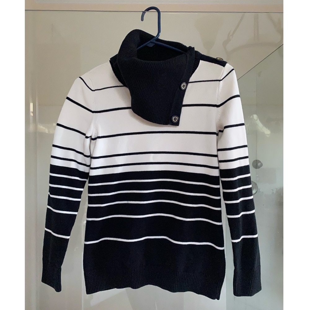 Banana Republic Black & White Striped Sweater with Foldover Collar & Buttons